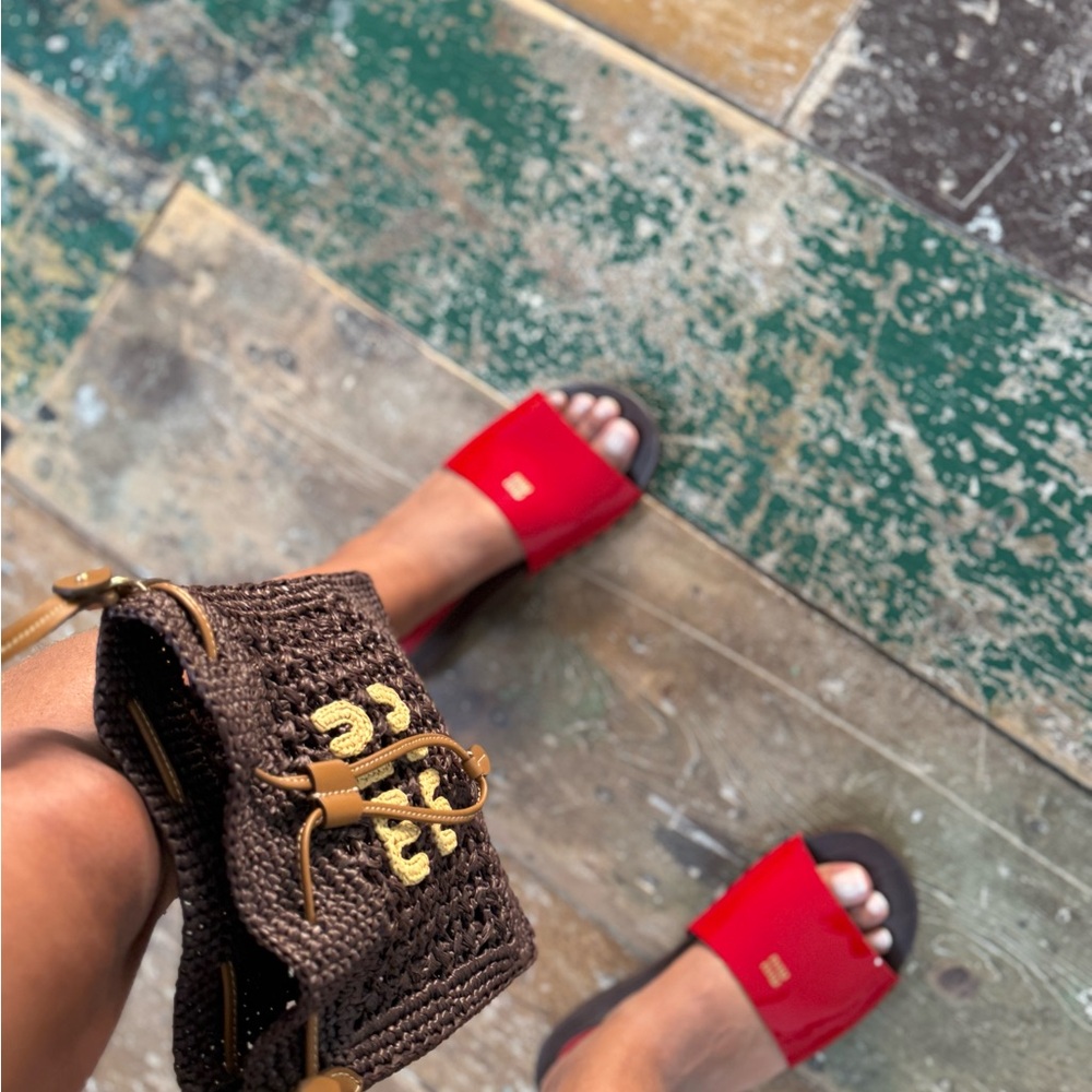 Miu Miu Red Sandals with Brown Woven Bag